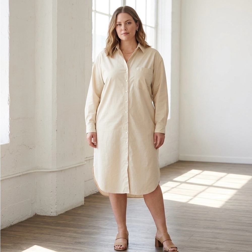 Le' AL.X Women Cream Beige Midi Dress Shirt Size L Large Cotton Long Sleeves - Picture 2 of 10